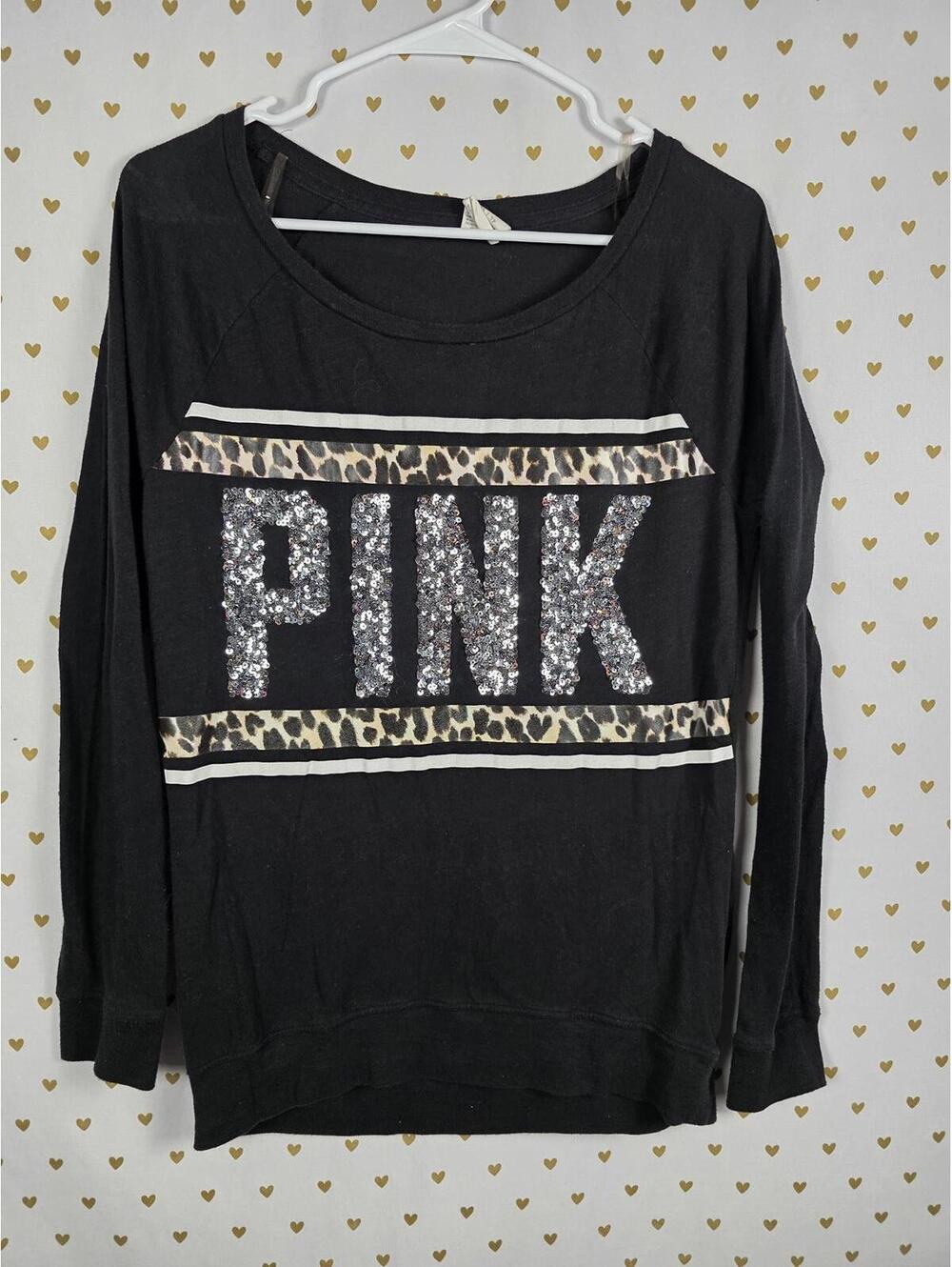 Victorias Secret PINK Cheetah Leopard BLING Sequined Long Sleeve tee Shirt XS